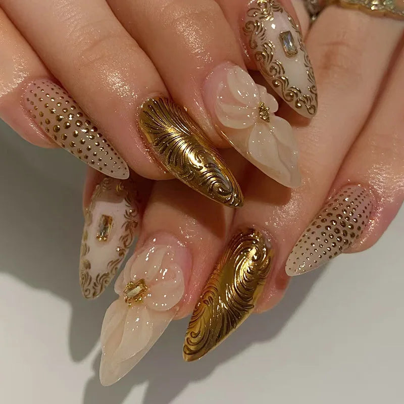 Milky Blush Nails with Gold Chrome Scrollwork and 3D Pearl Flowers