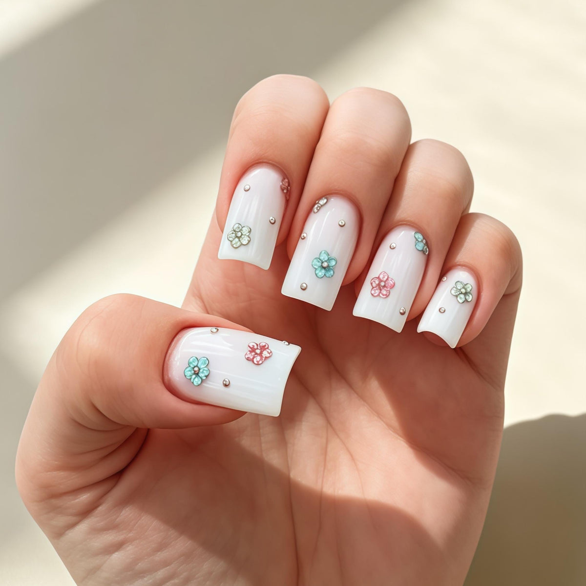 Milky Cream Floral Press On Nails With Pastel 3D Flowers and Rhinestones