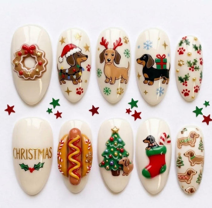 Milky Ivory Christmas Press On Nails With Dachshunds, Tree and 3D Holiday Details