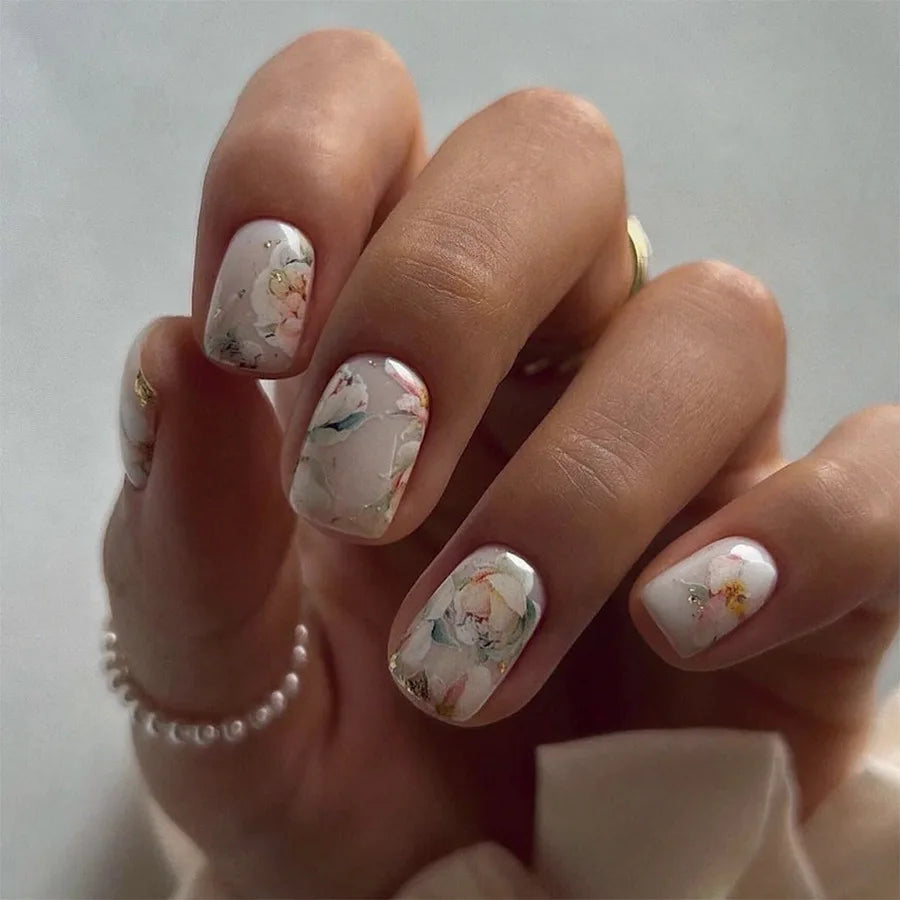 Milky Nude Pink Floral Press On Nails With Gold Accents