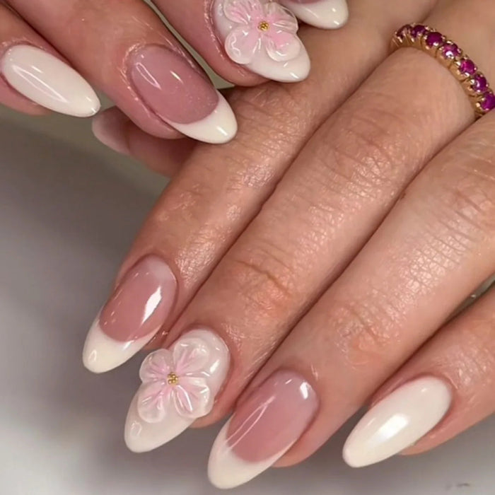 Milky Pink French Tip Press On Nails With 3D Flowers