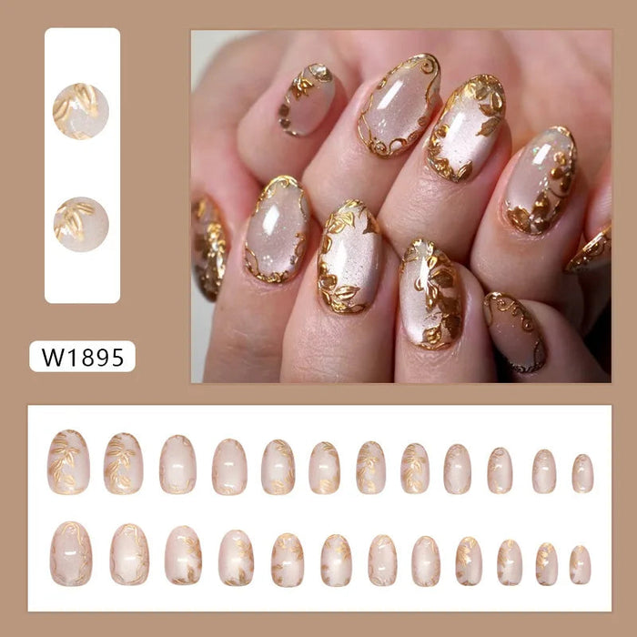 Milky Pink Nude Press On Nails With Gold Foil and Ornate Gold Details