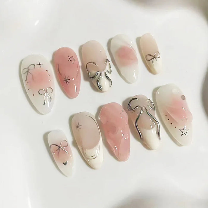 Milky White and Blush Pink Bow Doodle Press On Nails with Silver Charms