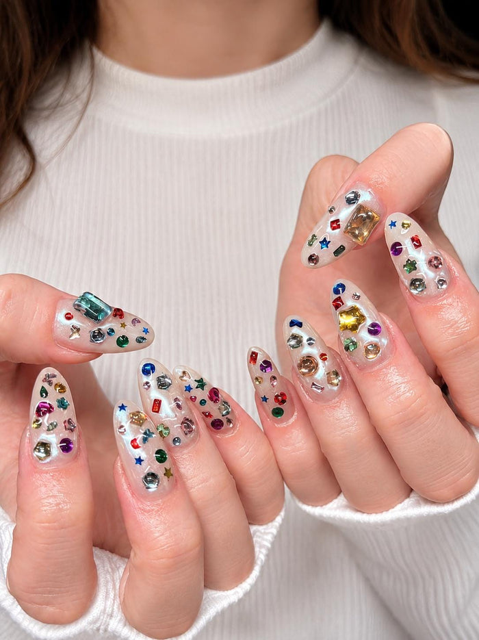 Y2K Birthday Rhinestone Press On Nails With Colorful Gems and Star Accents