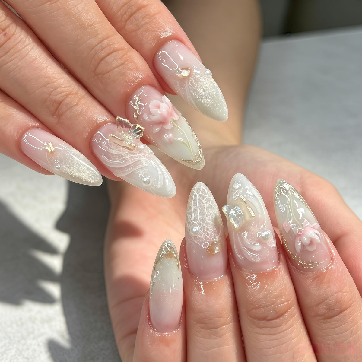 Milky White and Pink 3D Lotus Floral Wedding Nail Set