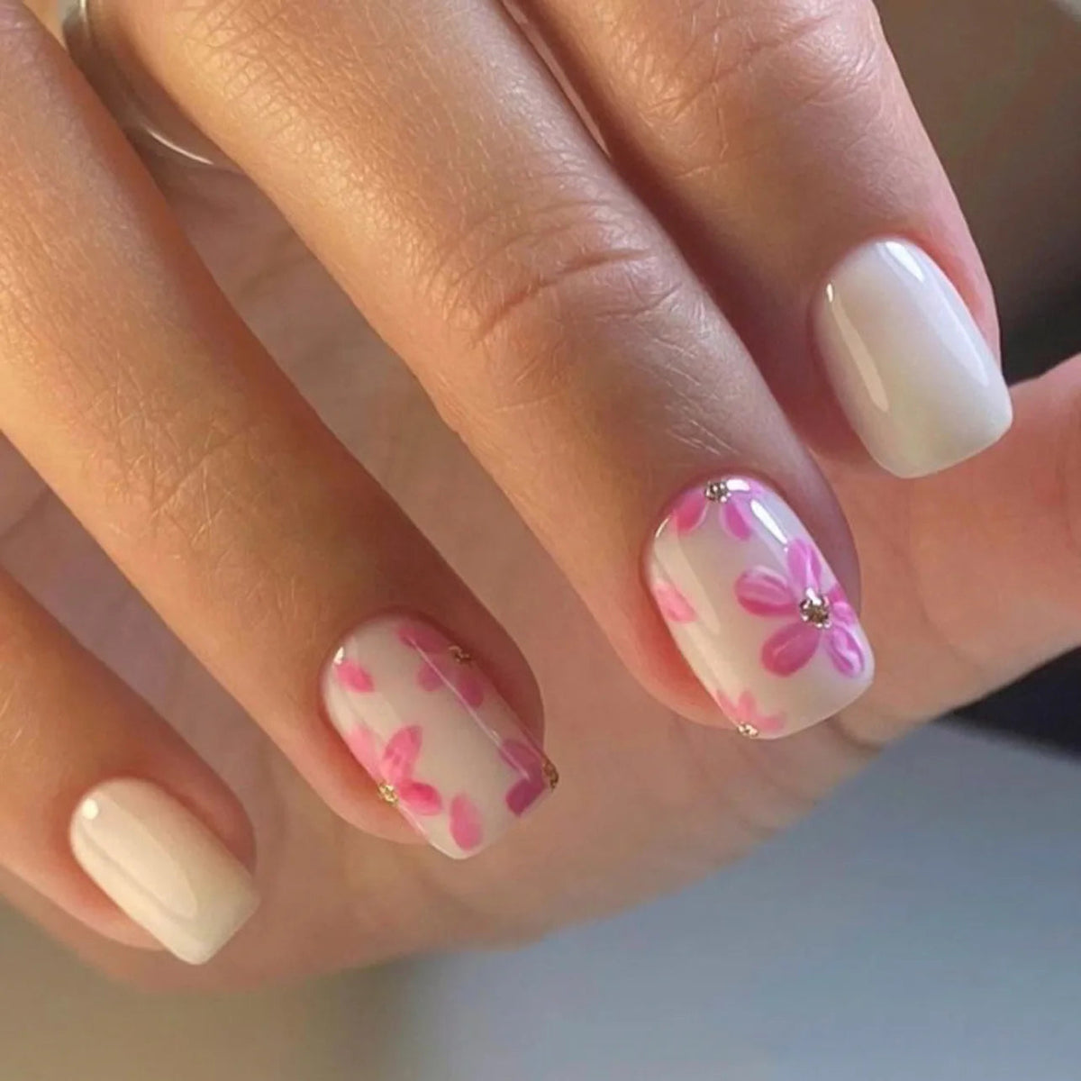 Milky White and Pink Floral Press On Nails with Metallic Accents