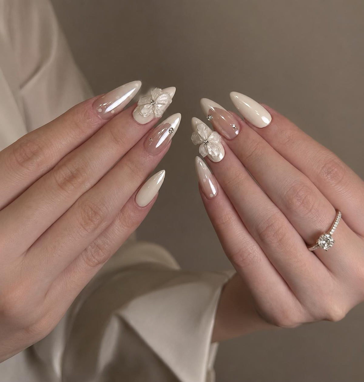 Milky White French Tip Bridal Nails with 3D Flowers and Crystal Accents