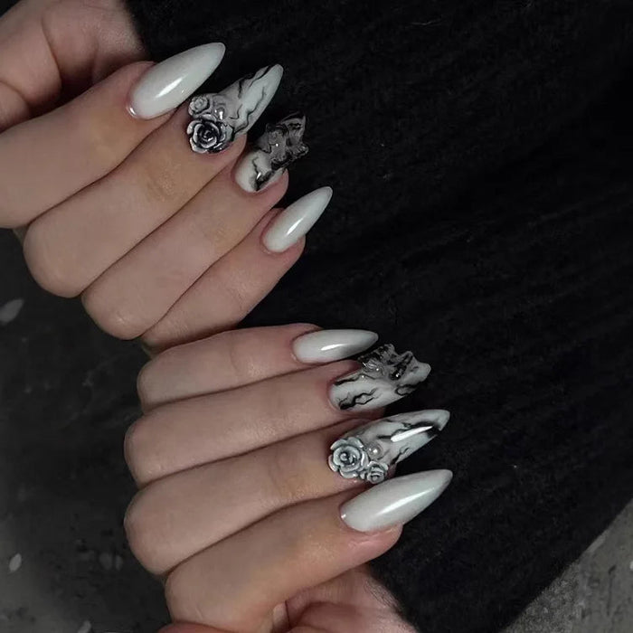 Milky White Marble Press On Nails With 3D Silver Rose Details