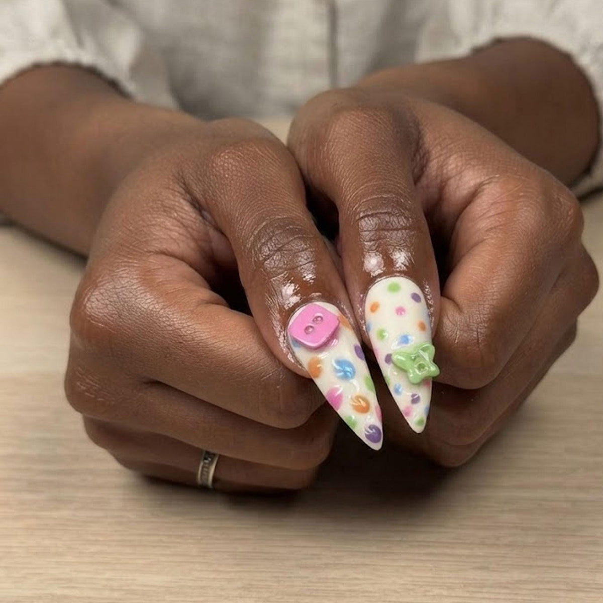 Milky White Pastel Polka Dot Press On Nails with 3D Flowers and Buttons