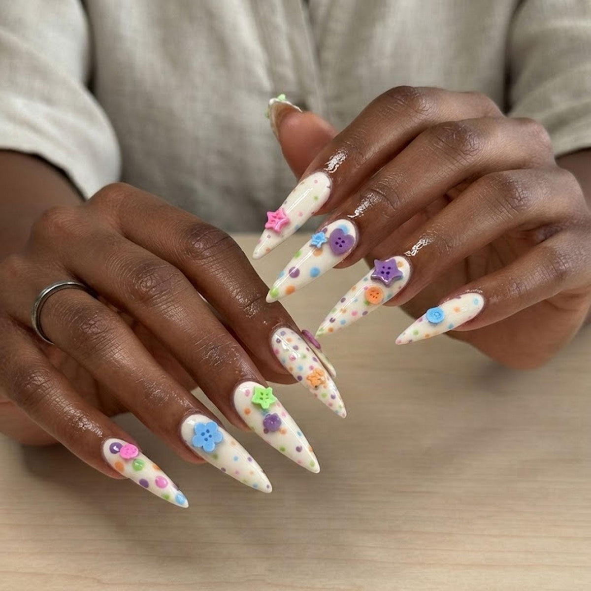 Milky White Pastel Polka Dot Press On Nails with 3D Flowers and Buttons