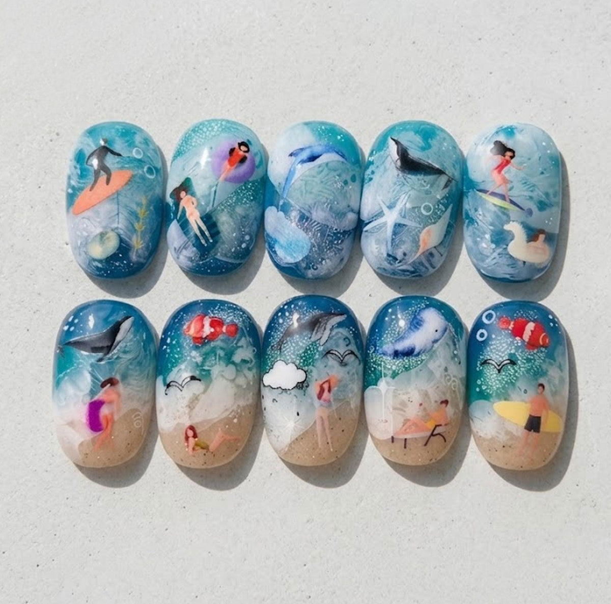 Miniature Ocean Beach Scene Nail Set in Blue and Turquoise