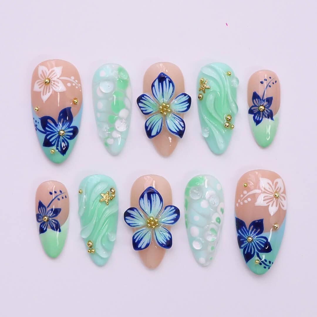 Mint and Aqua Tropical Floral Nails With 3D Swirls and Gold Accents
