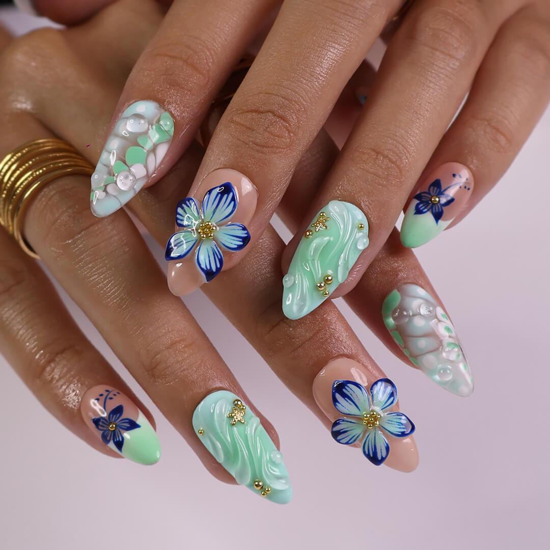 Mint and Aqua Tropical Floral Nails With 3D Swirls and Gold Accents