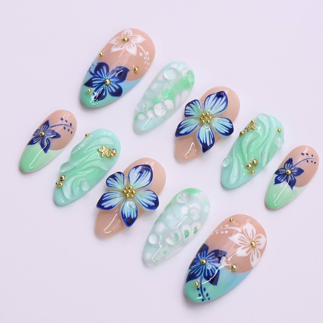 Mint and Aqua Tropical Floral Nails With 3D Swirls and Gold Accents