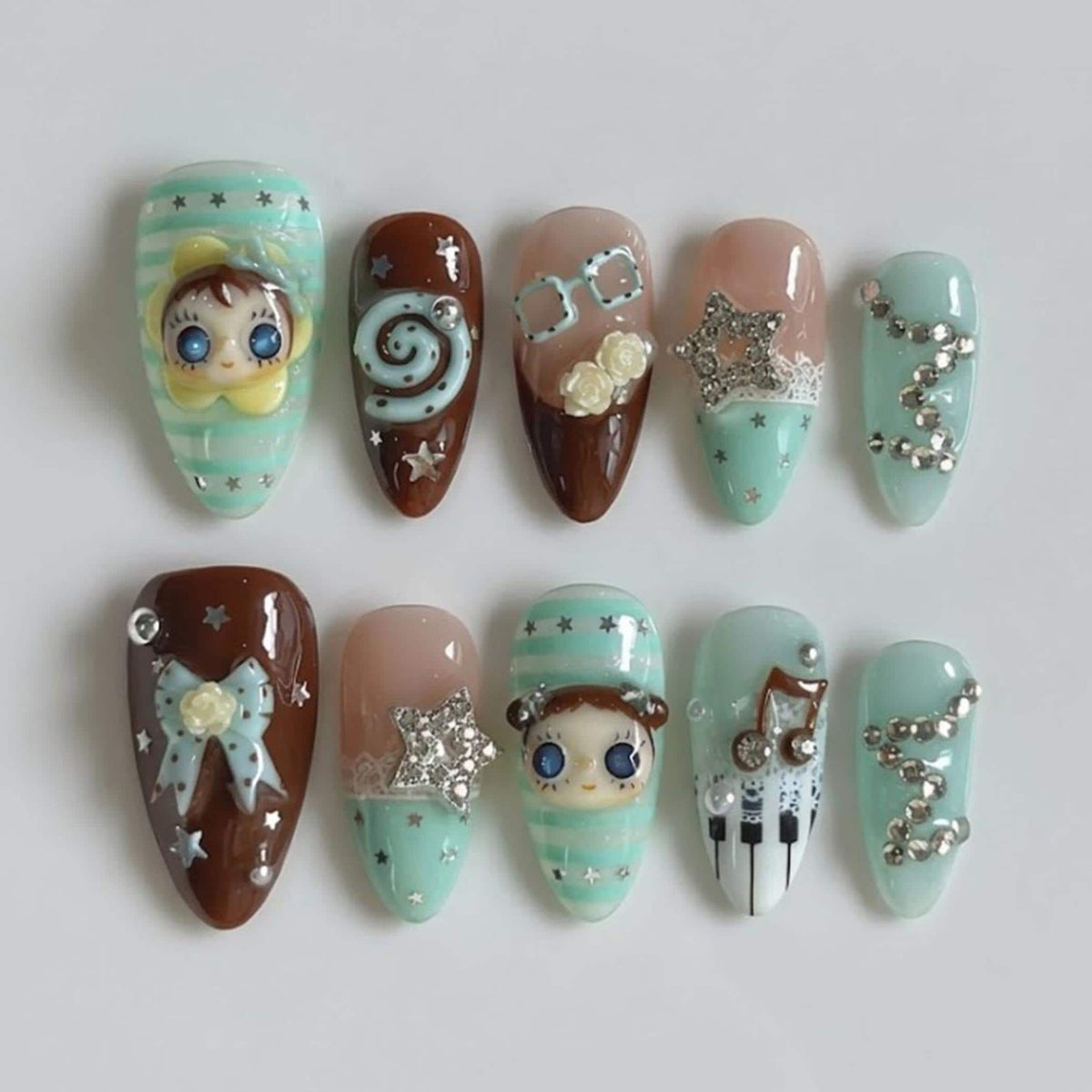 Mint and Brown Doll Music Nail Set with Piano Keys, Stars and Rhinestones