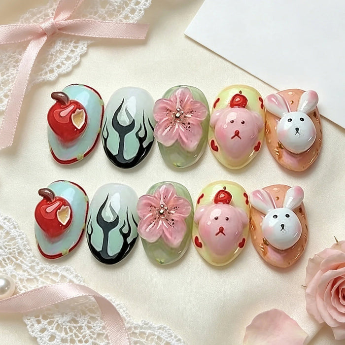 Mint and Pastel Press On Nails with Apples, Flame Art, Bunny Faces and 3D Flowers