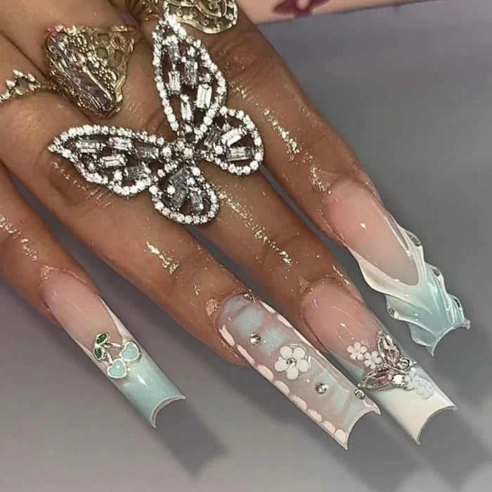 Mint French Tip Press On Nails With Silver Butterfly and Rhinestone Details