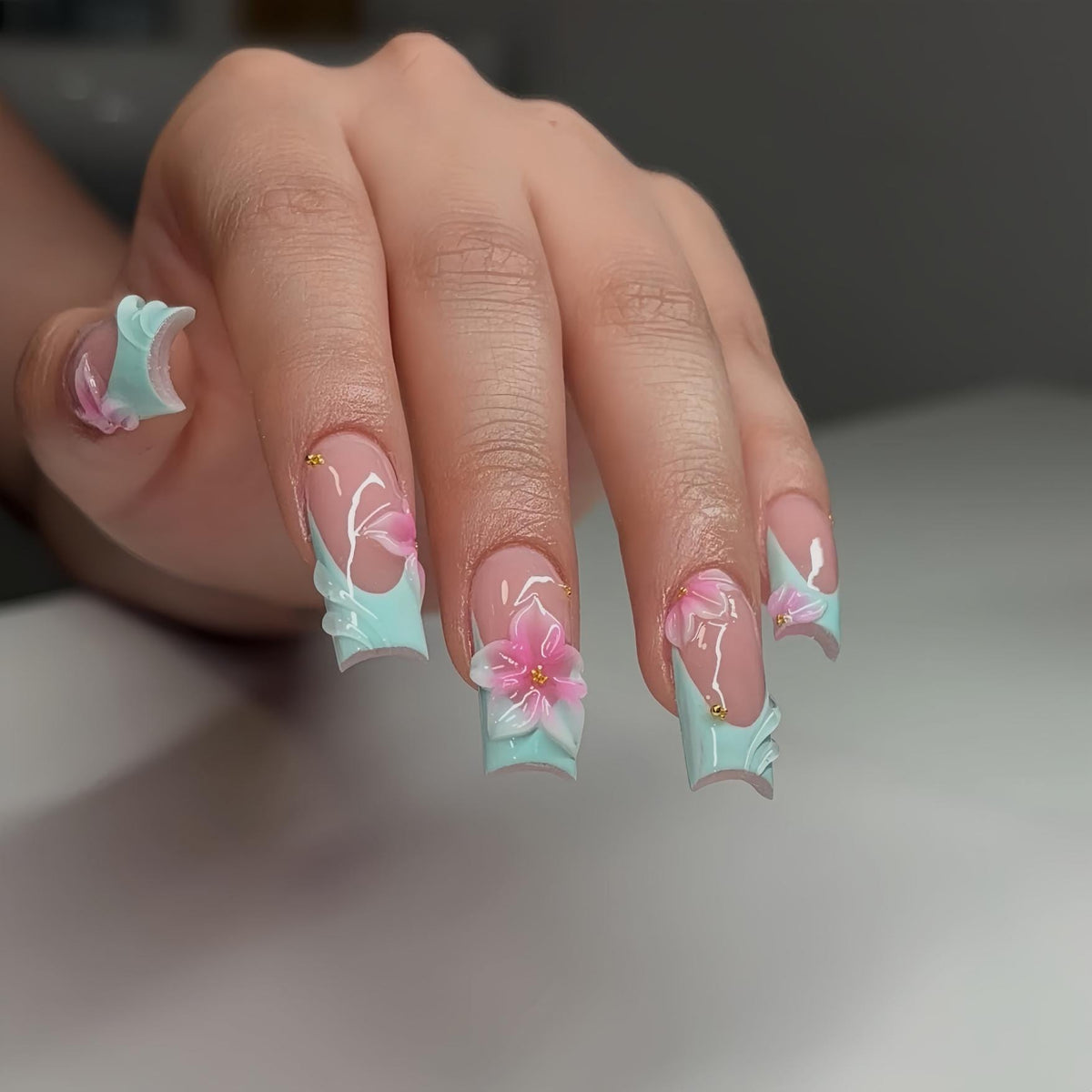Mint French Tip Spring Press On Nails With 3D Pink Flowers and Gold Details
