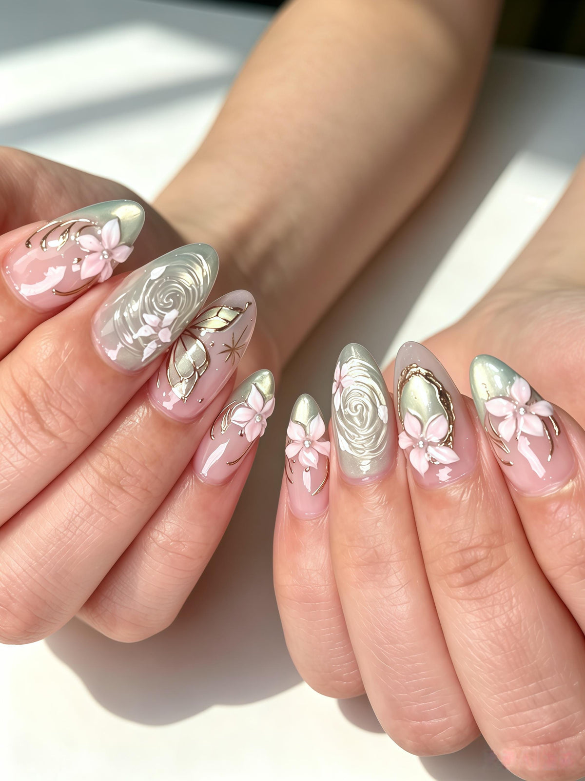 Mint Green and Blush Floral Nails with 3D Flowers and Gold Swirls
