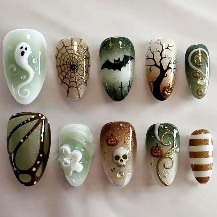 Mint Green and Brown Halloween Press On Nails with Ghost, Bat, Spiderweb and Skull Art