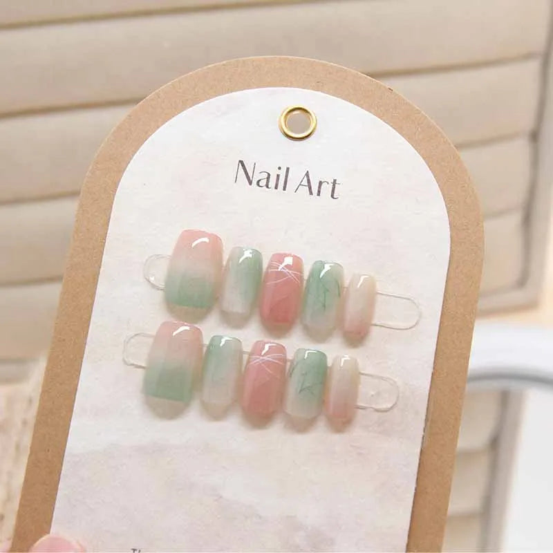 Mint Green and Dusty Pink Swirl Shimmer Press On Nail Set