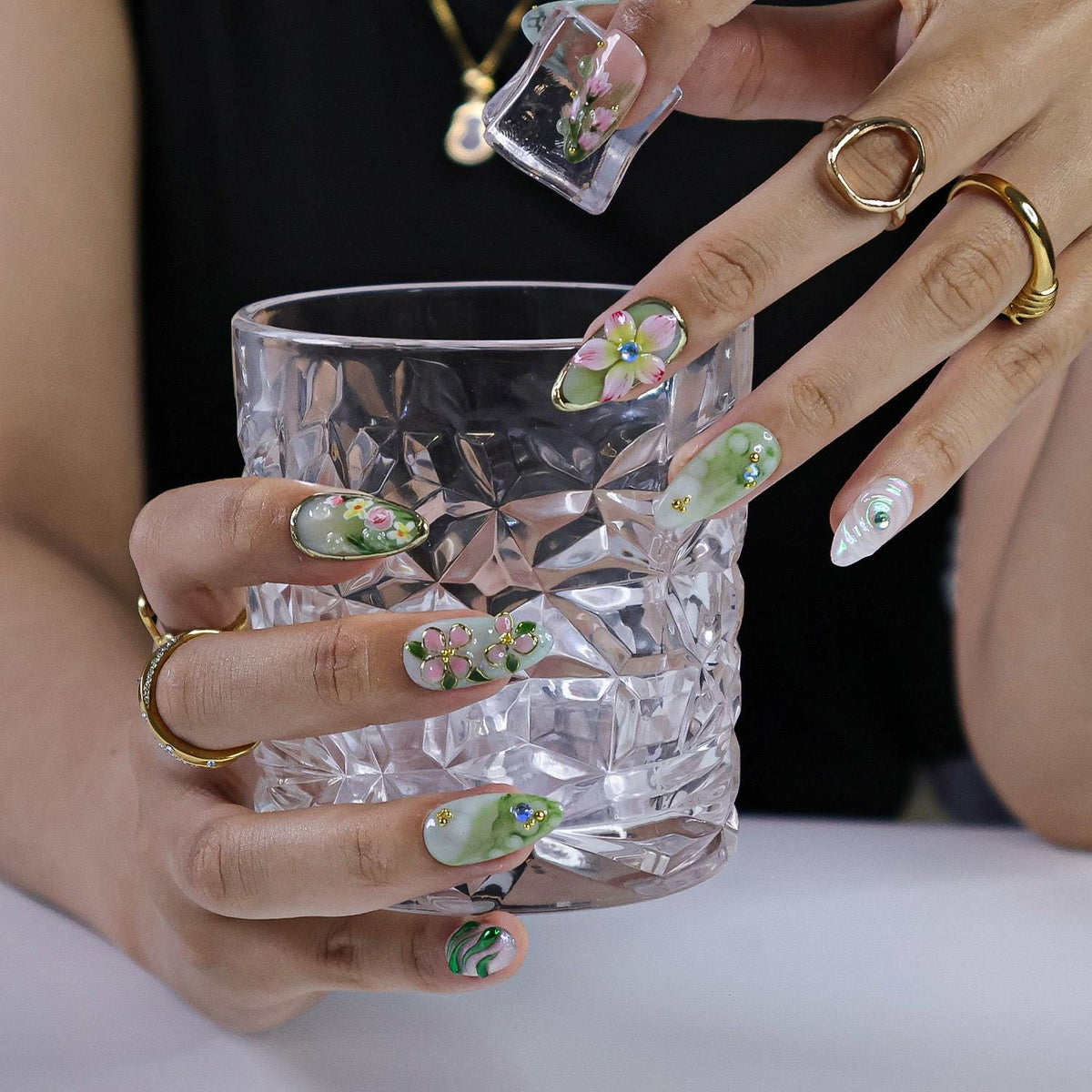 Mint Green and Pink Spring Dragonfly Floral Nail Set with 3D Flowers and Gold Accents
