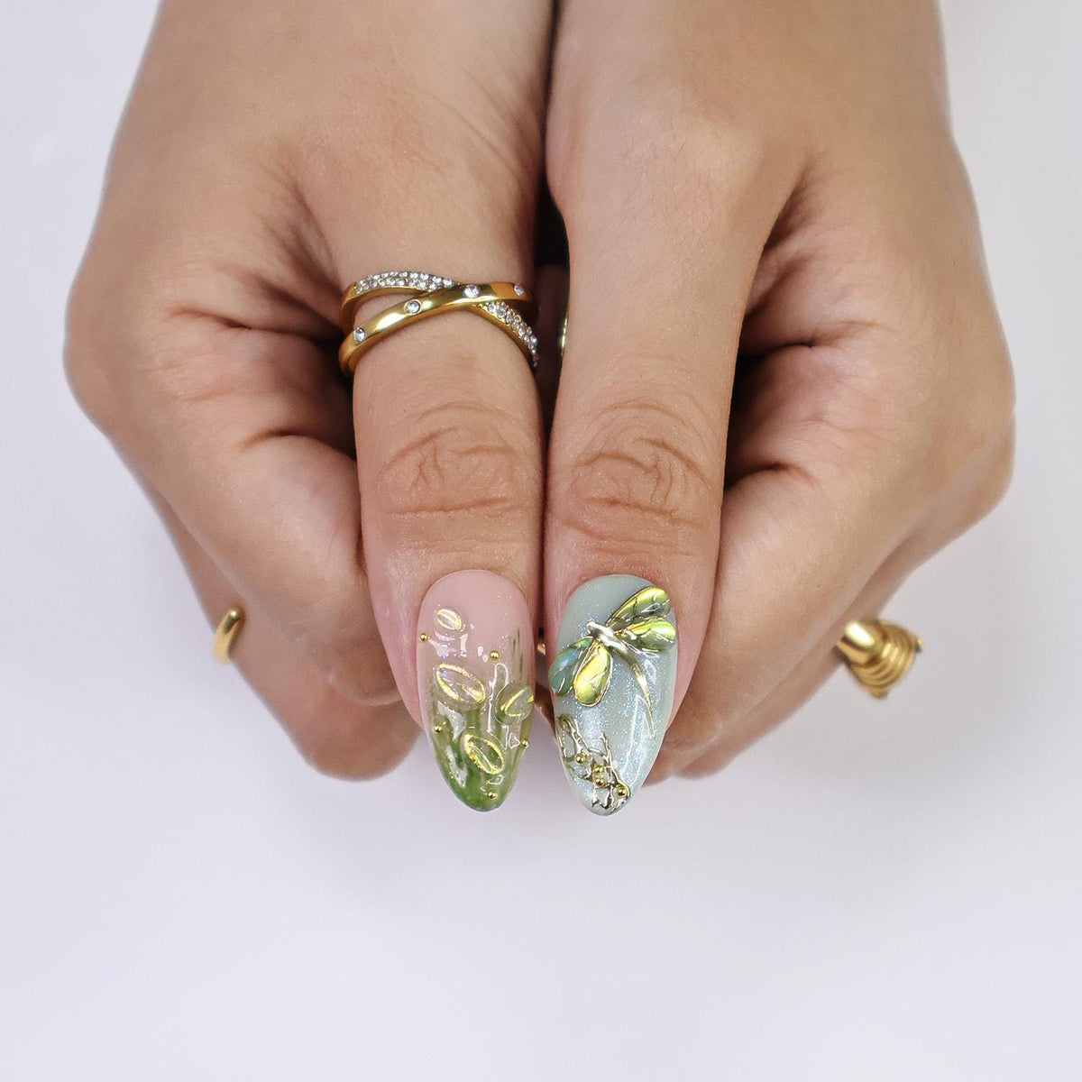 Mint Green and Pink Spring Dragonfly Floral Nail Set with 3D Flowers and Gold Accents
