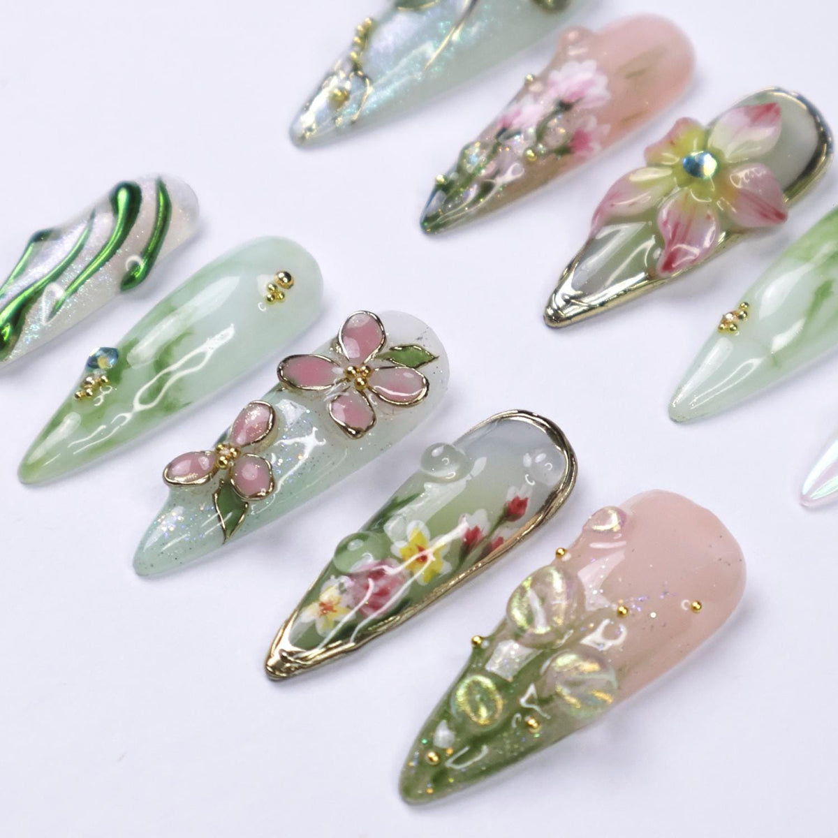 Mint Green and Pink Spring Dragonfly Floral Nail Set with 3D Flowers and Gold Accents