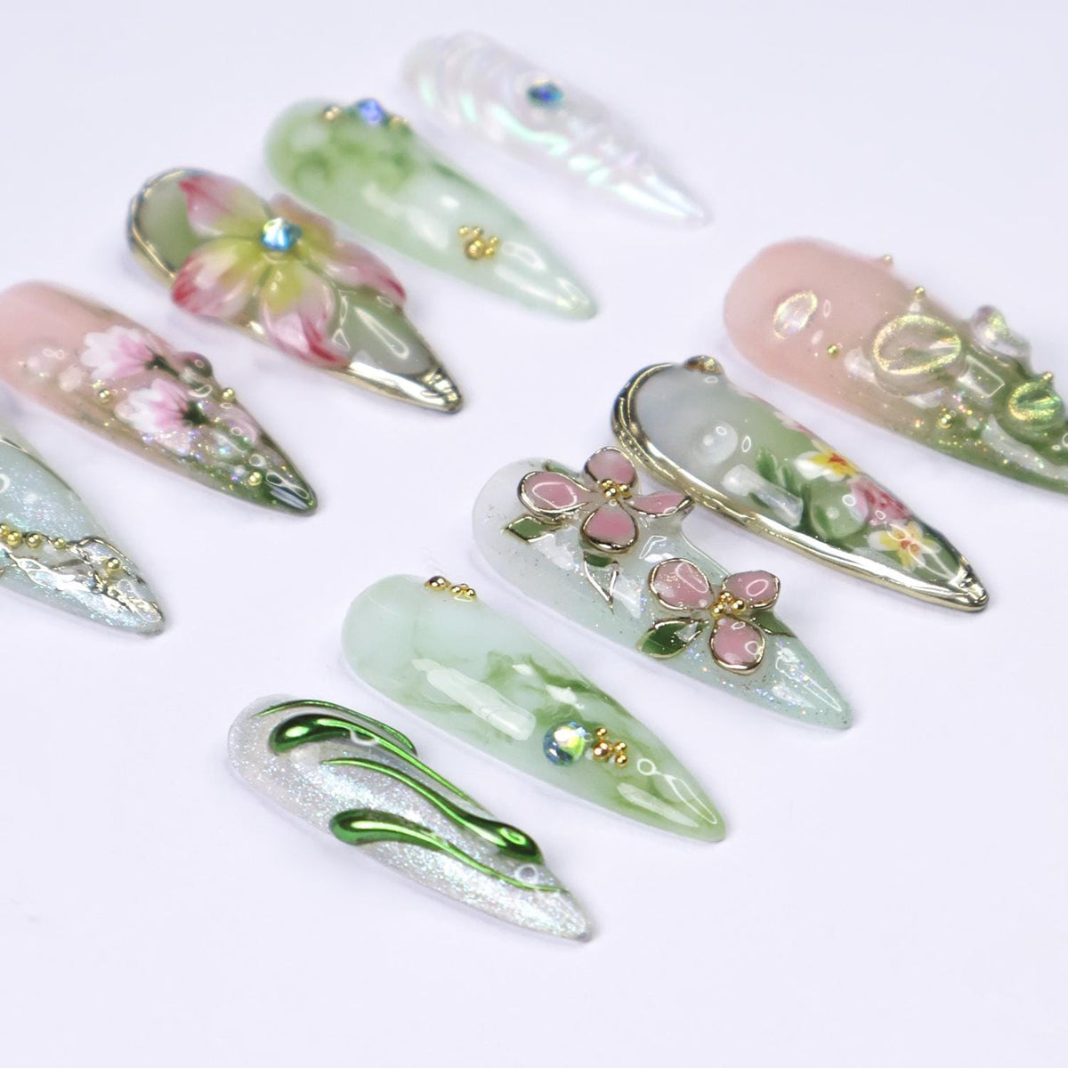 Mint Green and Pink Spring Dragonfly Floral Nail Set with 3D Flowers and Gold Accents