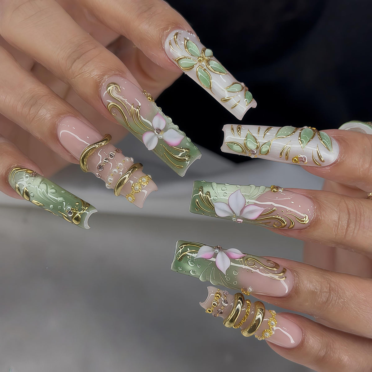 Mint Green Floral Press-On Nails with Raised Gold Swirls and Dimensional Details