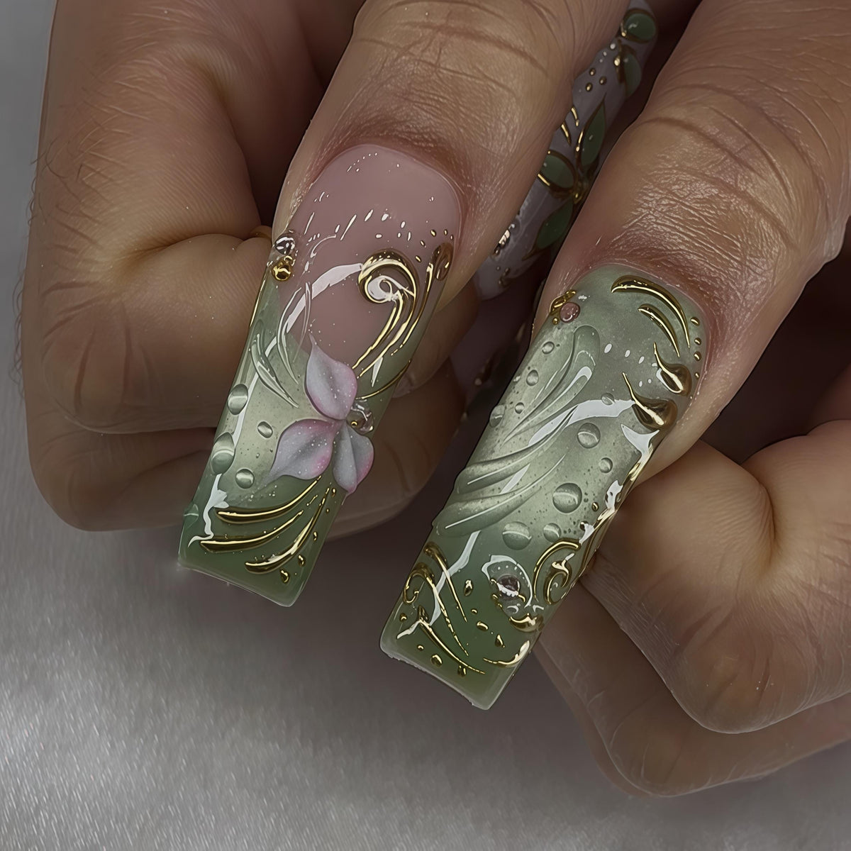 Mint Green Floral Press-On Nails with Raised Gold Swirls and Dimensional Details