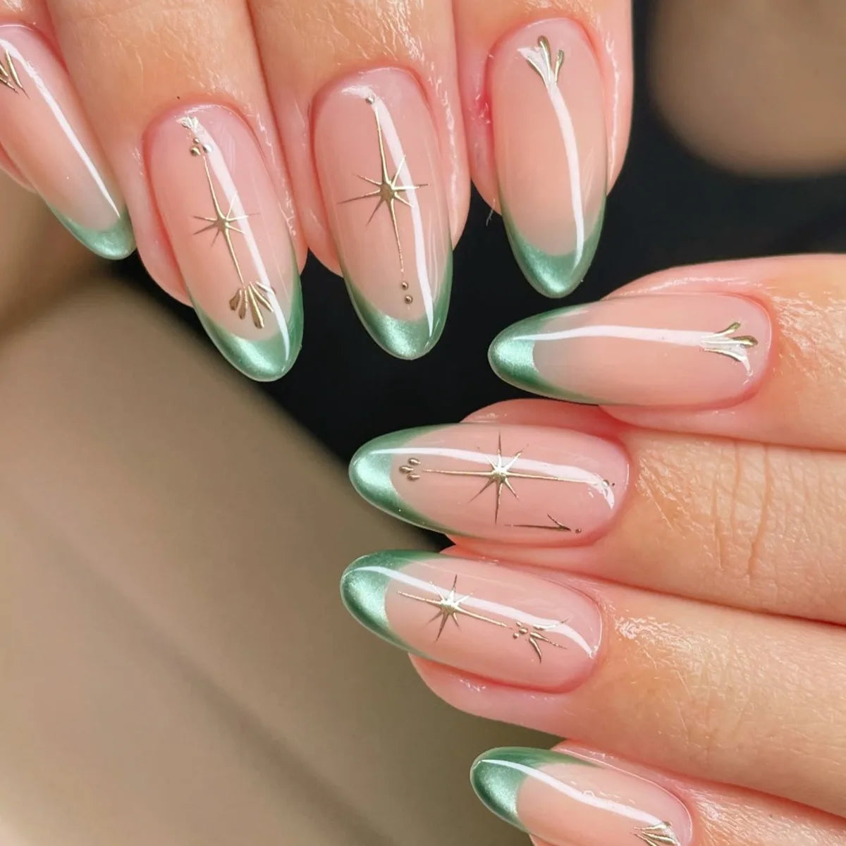 Mint Green French Tip Nails With Gold Celestial Starbursts