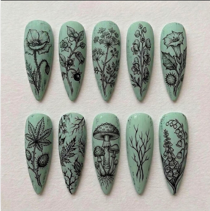 Mint Green Vintage Wildflower and Mushroom Botanical Press On Nail Set
