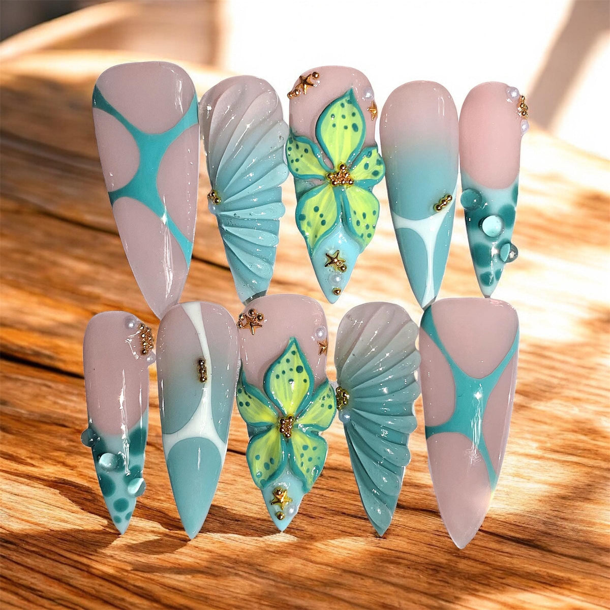 Mint Teal Butterfly and Seashell 3D Press On Nail Set