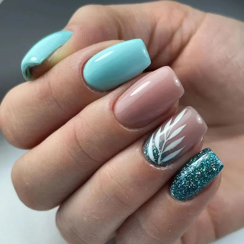 Mint Turquoise and Dusty Pink Leaf Art Glitter Press On Nails