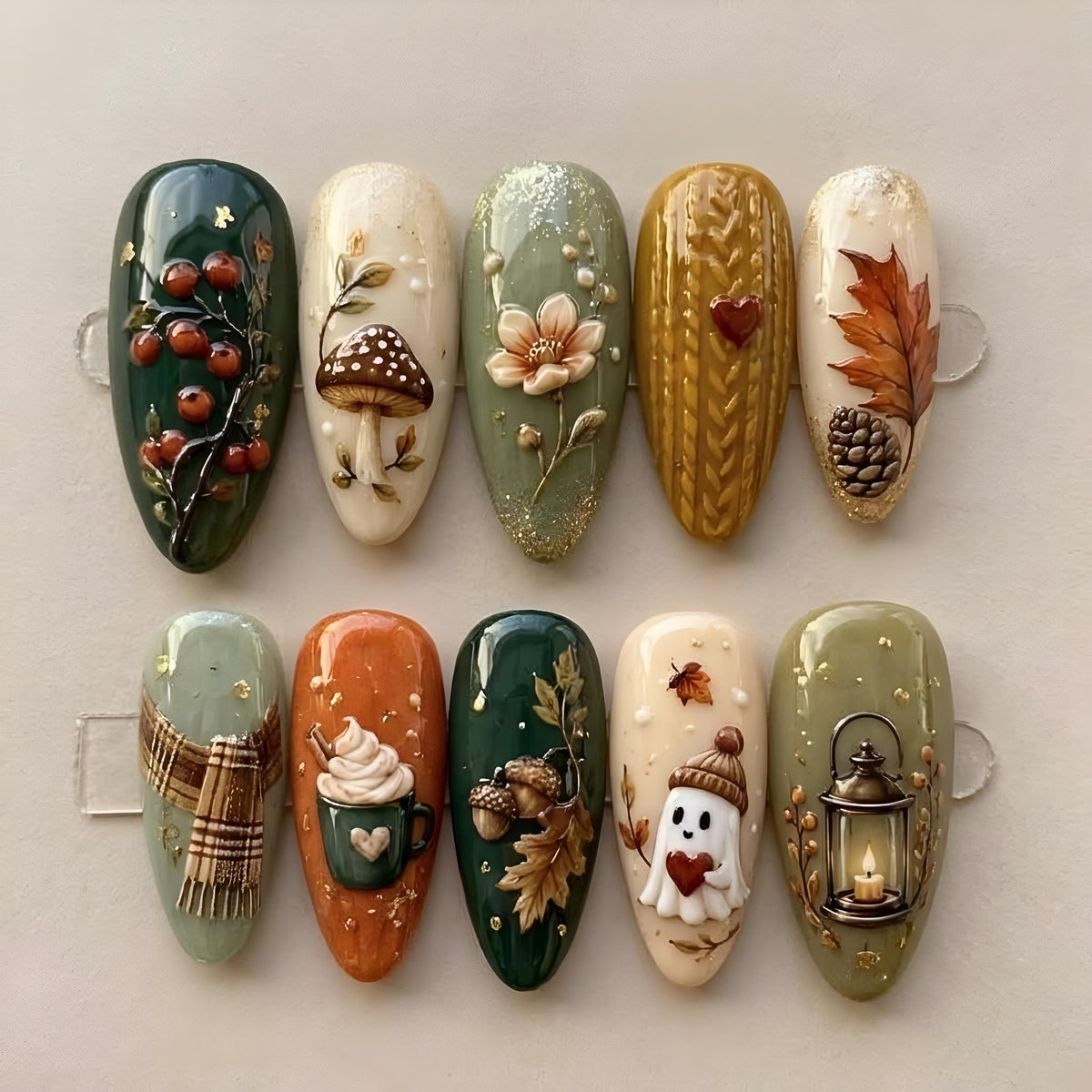 Mismatched Autumn Woodland Press On Nails With Mushrooms, Botanicals, Ghost and Lantern