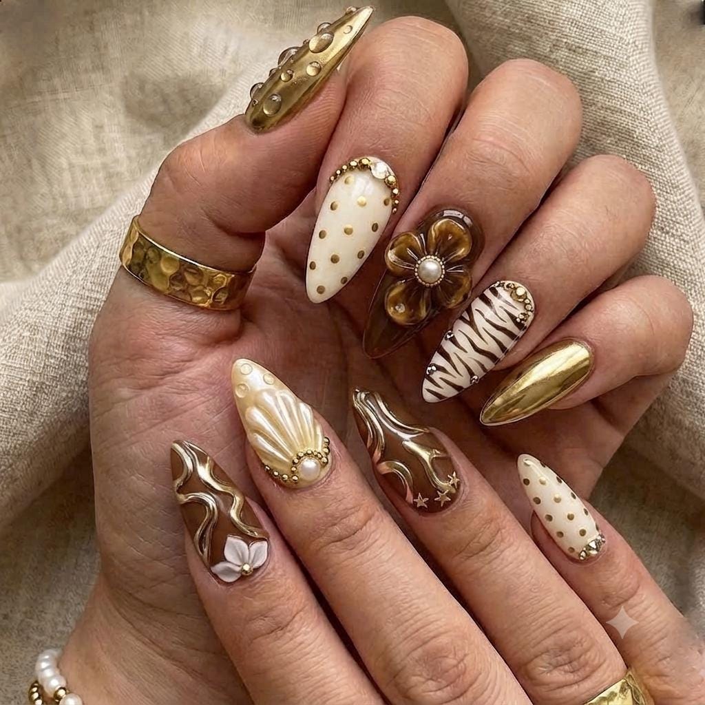 Mocha Brown and Gold Chrome Floral Press On Nails with Zebra French Tips