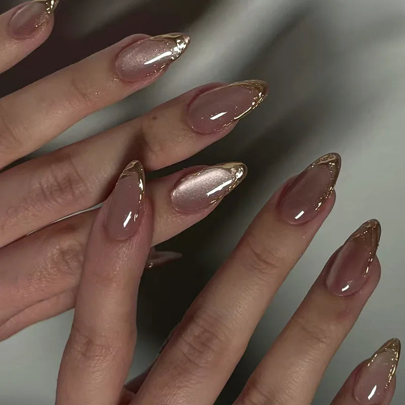 Mocha Brown Nails With Gold Chrome French Tips