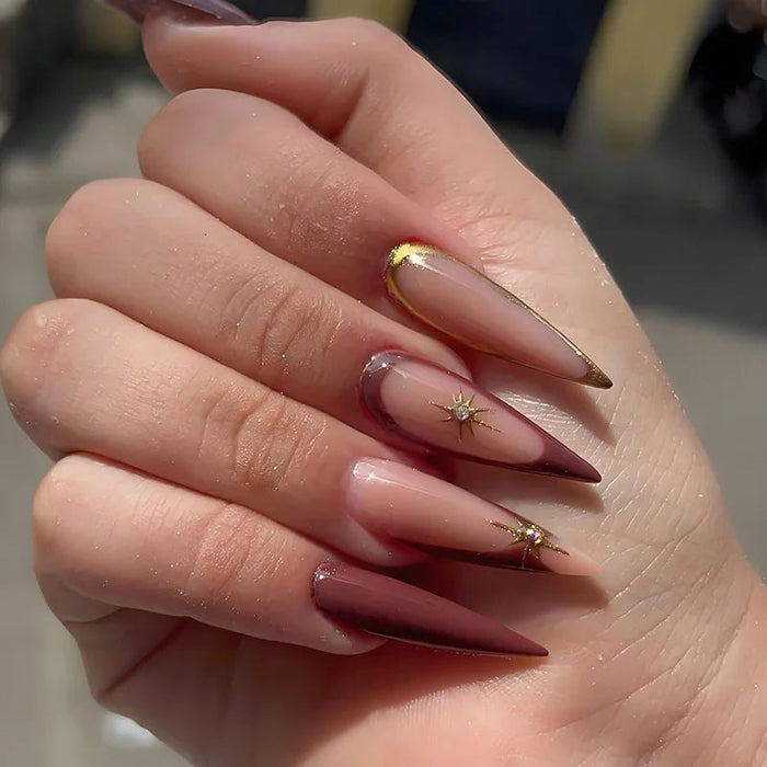 Mocha Ombre Press On Nails With Burgundy Tips and Gold Starbursts