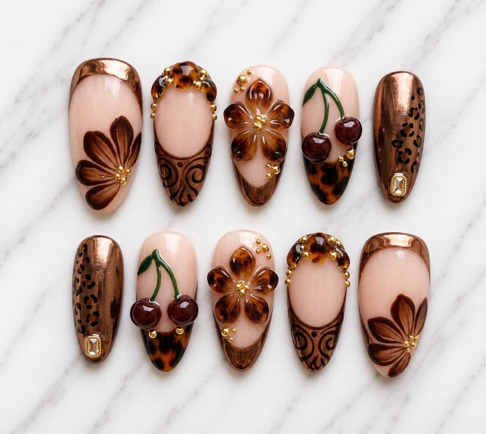 Mocha Tortoiseshell Cherry and Flower Press-On Nails with Copper Chrome French Tips