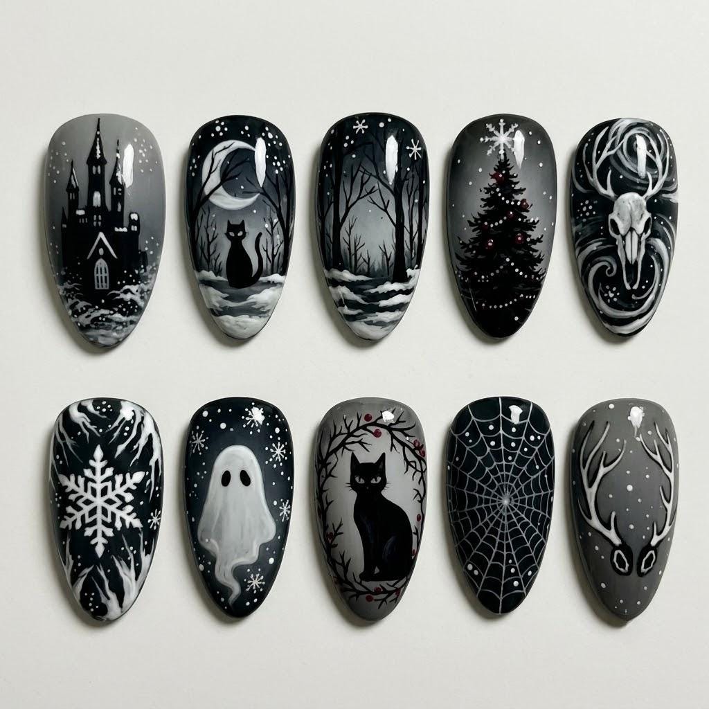 Monochrome Gothic Nail Set With Cats, Ghost, Castle and Spiderweb