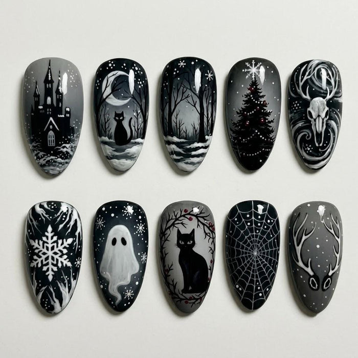 Monochrome Gothic Press On Nail Set With Cats, Ghost, Castle and Spiderweb