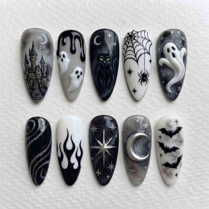 Monochrome Halloween Press On Nails With Ghosts, Black Cat, Spooky Castle and Silver Stars