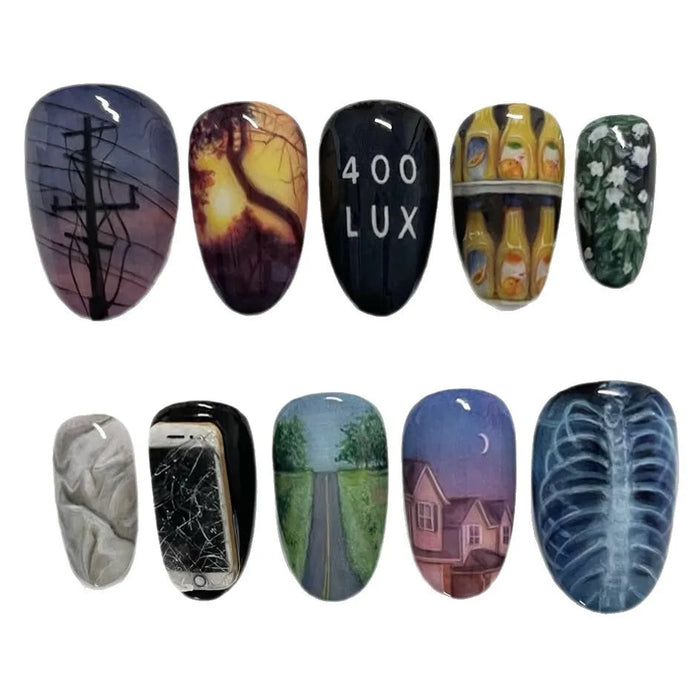 Moody Landscape Art Press-On Nails With Sunset, Floral and Road Designs