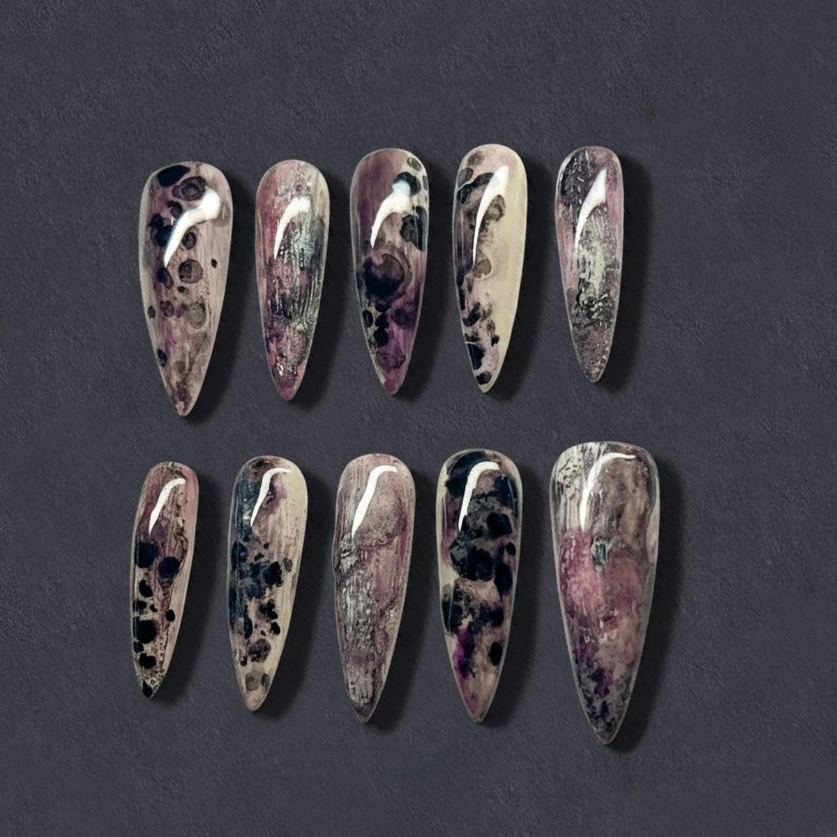 Moody Purple and Charcoal Watercolor Marble Press On Nails