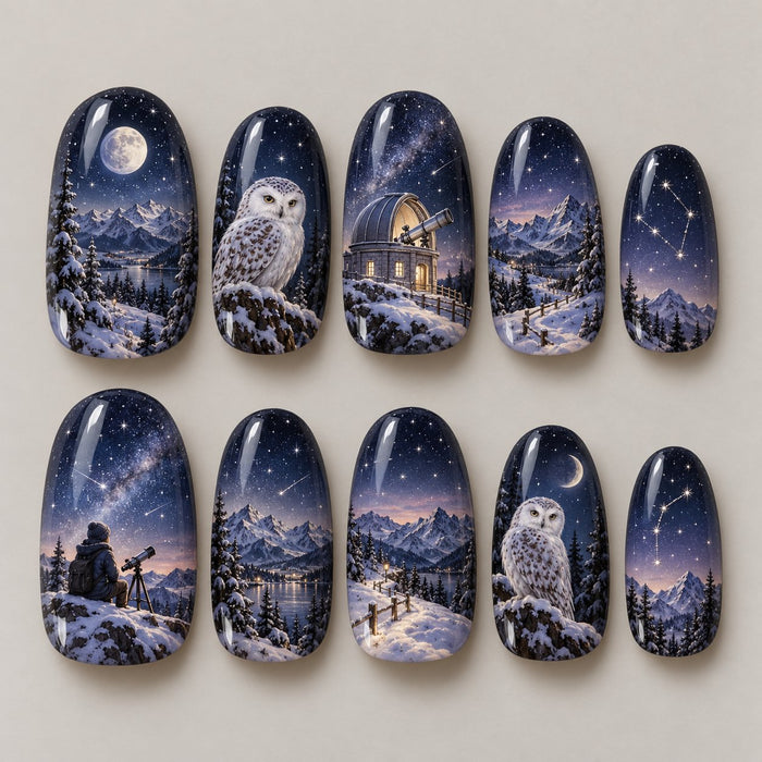 Moonlit Alpine Observatory Nail Art with Snowy Mountains and Owl