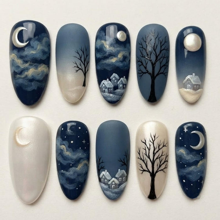 Moonlit Snowy Village Press On Nails With Bare Trees