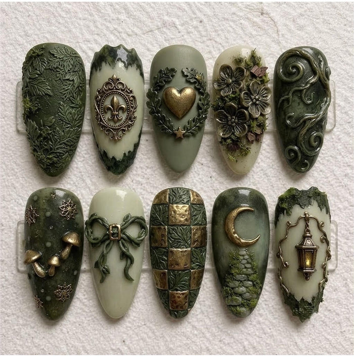 Moss Green Forest Gothic Press On Nail Set With 3D Lantern, Cameo, Moon and Bow