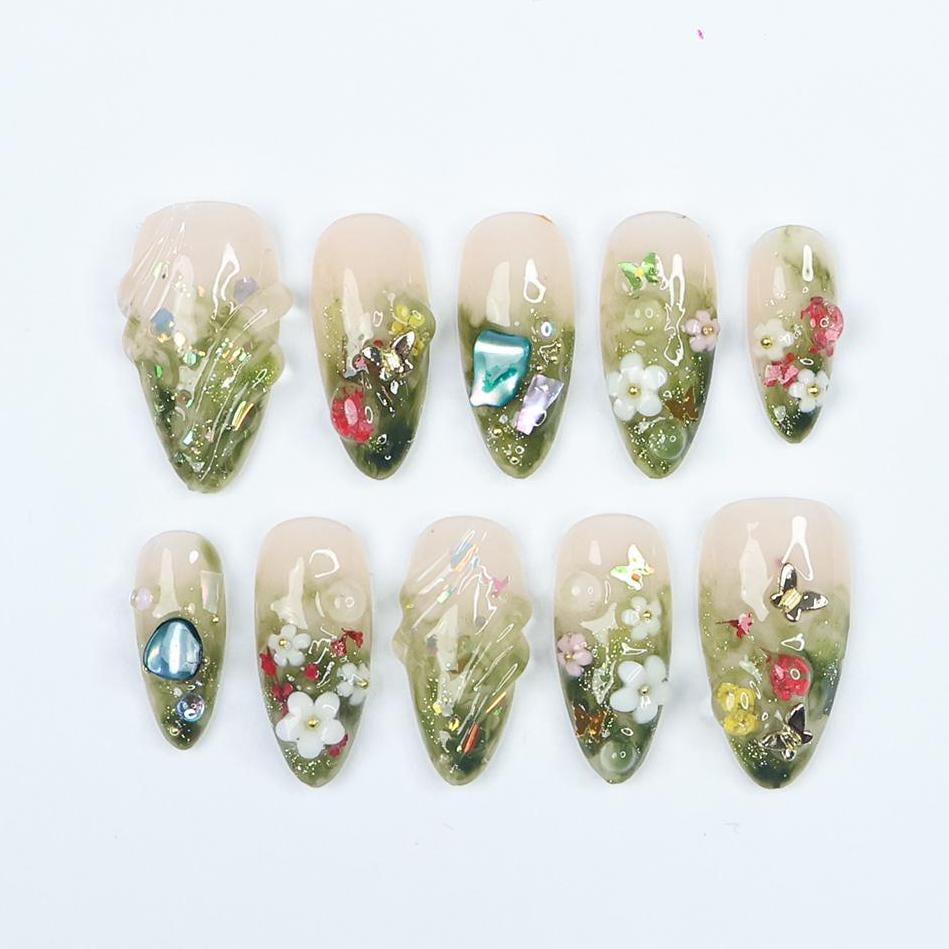Moss Green Ombre Floral Press On Nails With 3D Flowers and Iridescent Gems