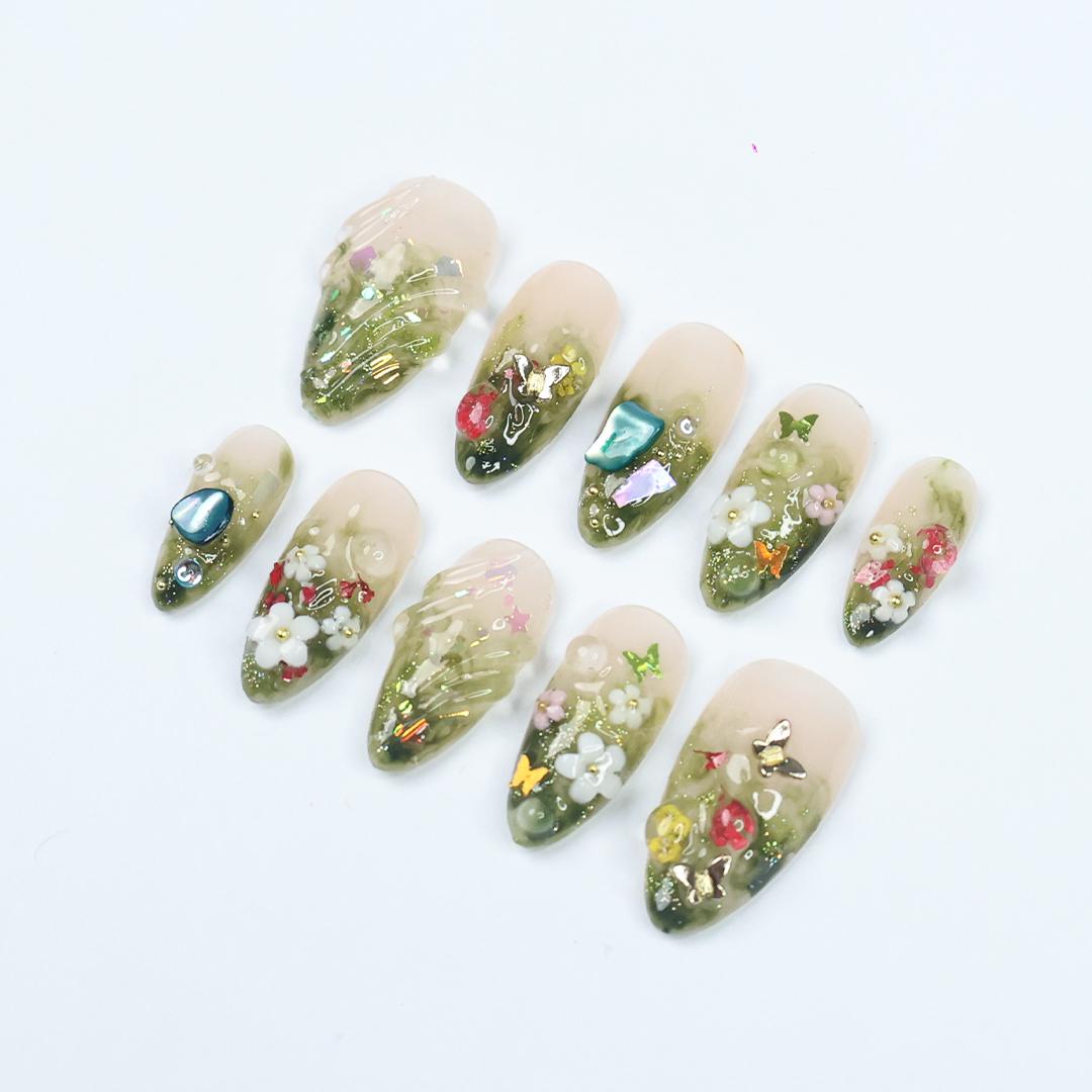 Moss Green Ombre Floral Press On Nails With 3D Flowers and Iridescent Gems